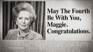 Imagen de la noticia donde felicitaban a Margaret por haber ganado las elecciones, referenciando la famosa frase de Star Wars relacionada con el 4 de mayo.